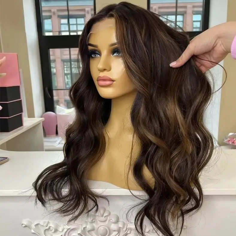 

Коричневый парик с блонд-оттенками и эффектом волнистых прядей, с натуральной линией роста волос, из синтетического волокна, с кружевной передней частью, модный парик для женщин.