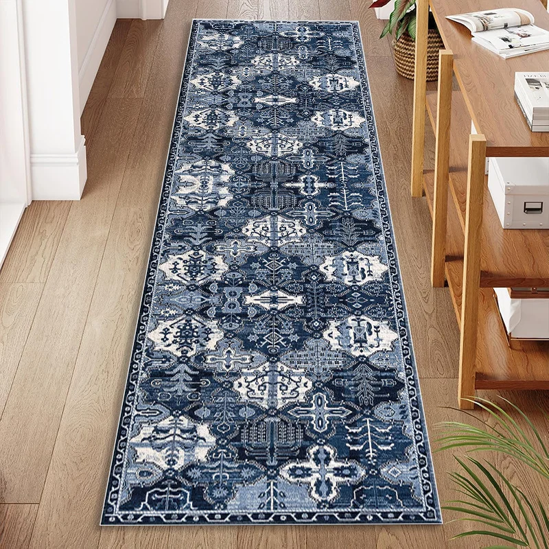 Blue Green Distressed Floral Vintage Art Runner Rug for Kitchen Durable Boho Print Carpet Floor Mat Accent