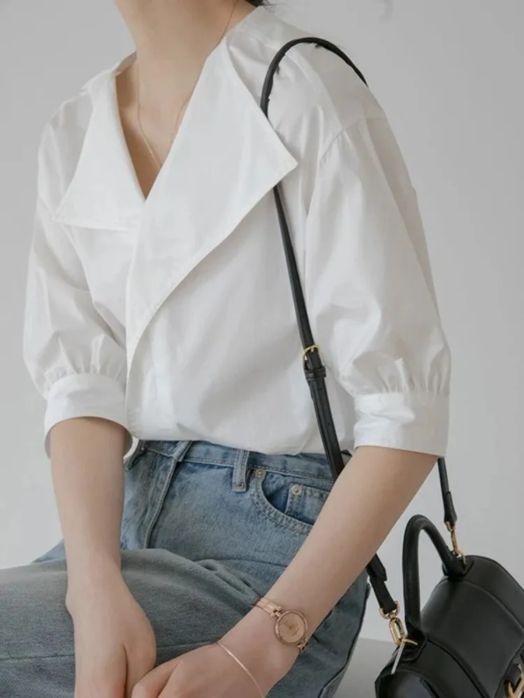 Loose Western Style Chiffon Office Lady Temperament Chic Point White Shirt Korean Fashion Women Blouses 2024 Summer