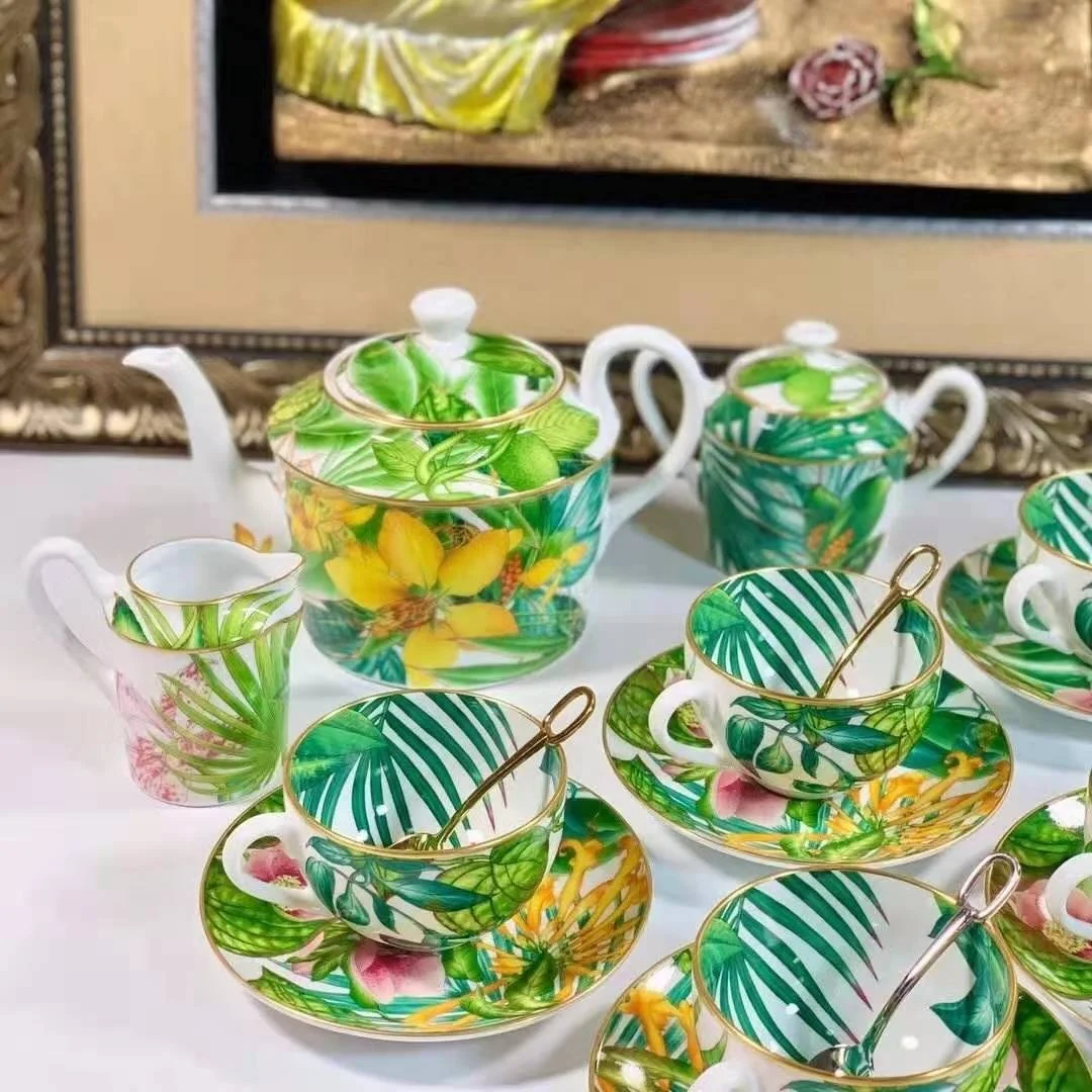 Tropical Rainforest Series Luxury Porcelain Coffee Tea Set, Wholesale 15pcs Ceramic Cup With Gift Box