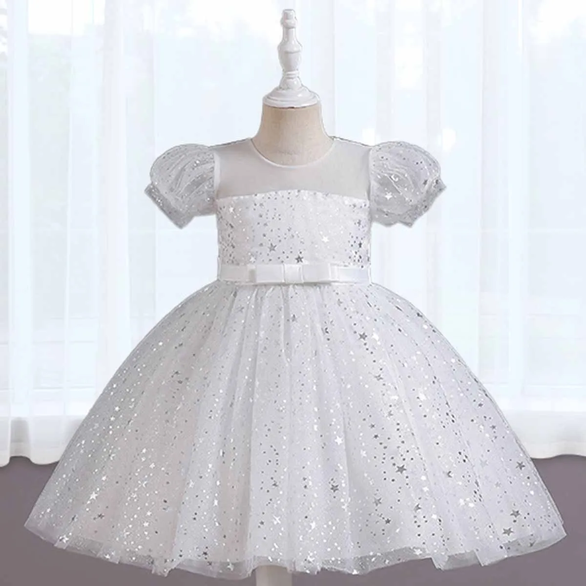 Girls Sequin Birthday Dress Elegant White Dress For Girl Princess Dress Baptismal Costume Children's First Communion Clothes