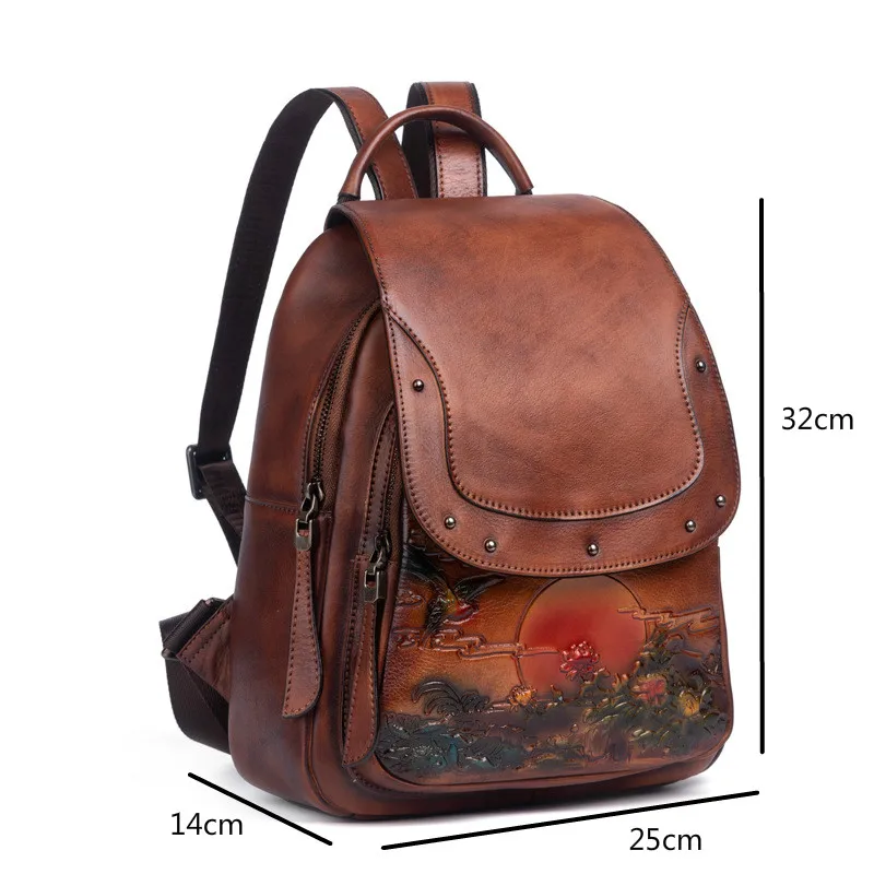 Johnature Vintage Embossed Large Capacity Women Backpack Genuine Leather Bag 2024 New Leisure Nature Soft Cowhide Travel Bags