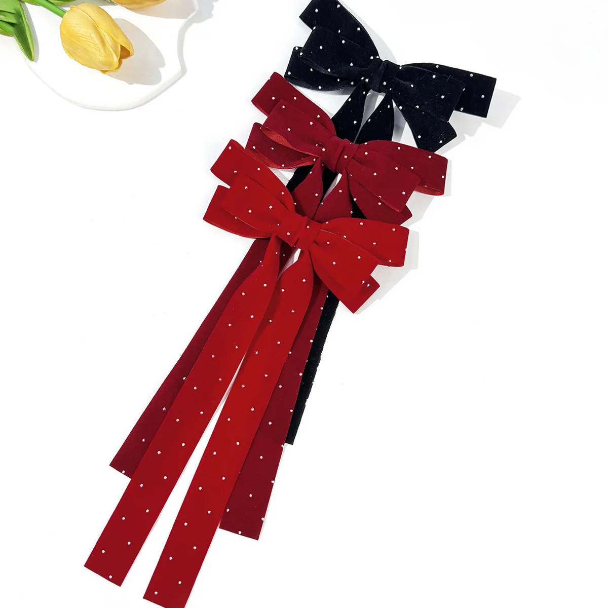 30pcs Velvet Hair Clips with Long Tassel Bow Design Dot Spot Print Women And Girls Hair Accessories Velvet HairgripsBulk Pack
