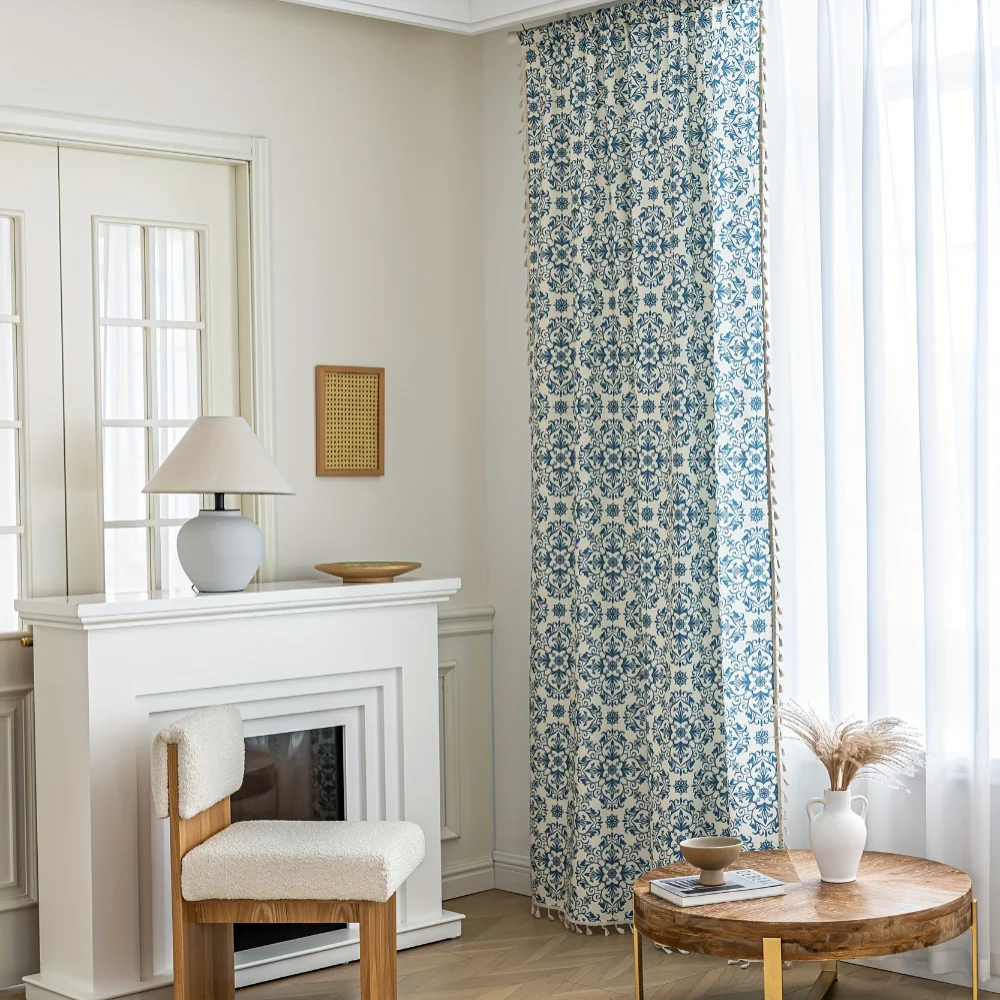 1PC Blue Floral Damask Tassel Curtain, Vintage Porcelain Cotton Linen Curtain with Rod Pocket for Living Room Bedroom Decor