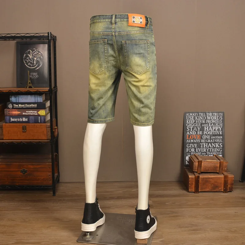 Летние тонкие ретро потертые желтые грязевые джинсовые шорты мужские высококачественные модные брендовые эластичные облегающие потертые повседневные шорты