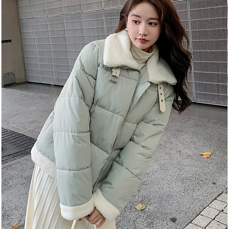 Gidyq Korean Women Lamb Wool Jacket Winter Casual Streetwear Loose Thick Warm Parkas Casual Female Patchwork All Match Overcoat