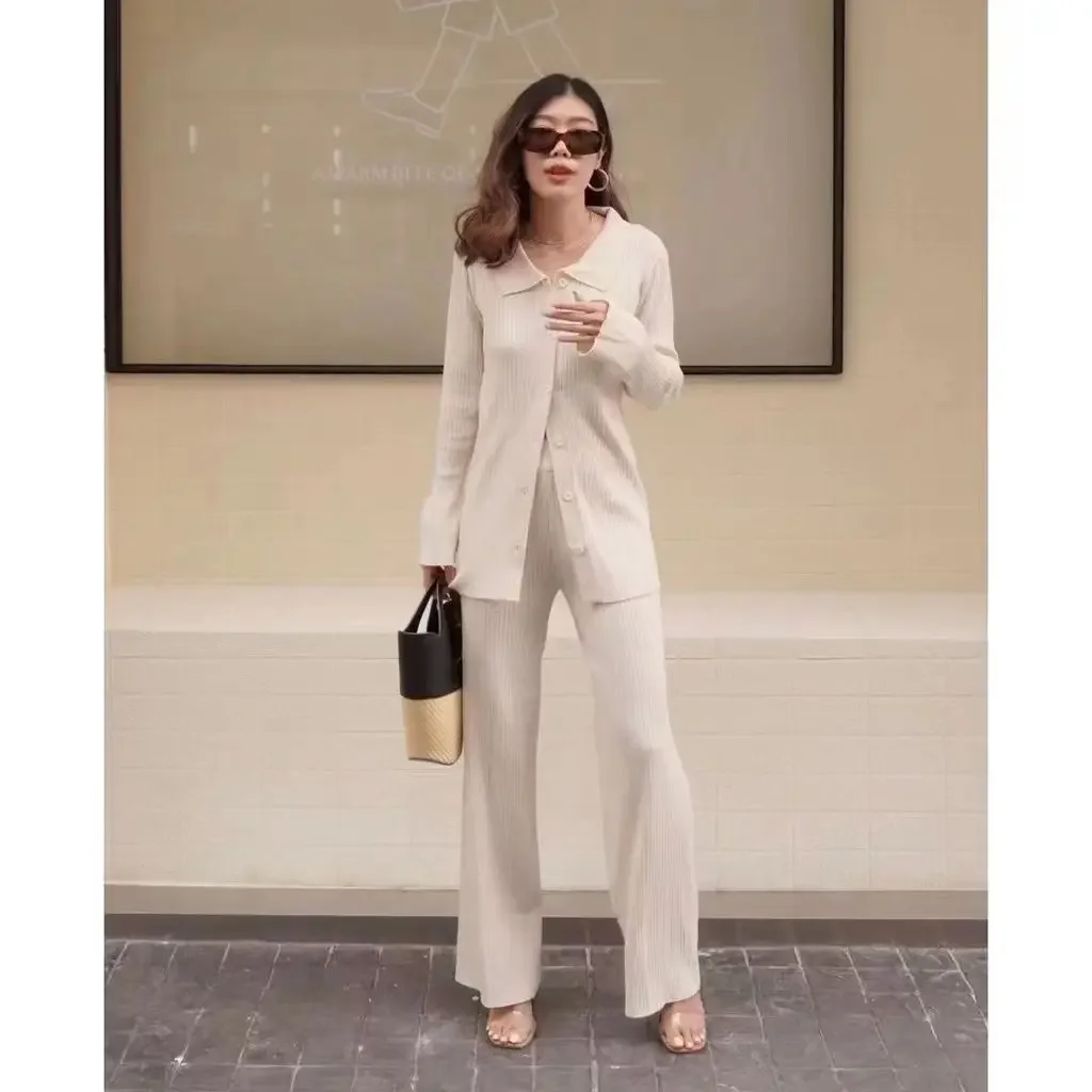 New Korean Fashion Two Piece Sets Womens Outfits Knitted Polo Collar Flare Sleeve Single Breasted Cardigan + Wide Leg Pants Suit