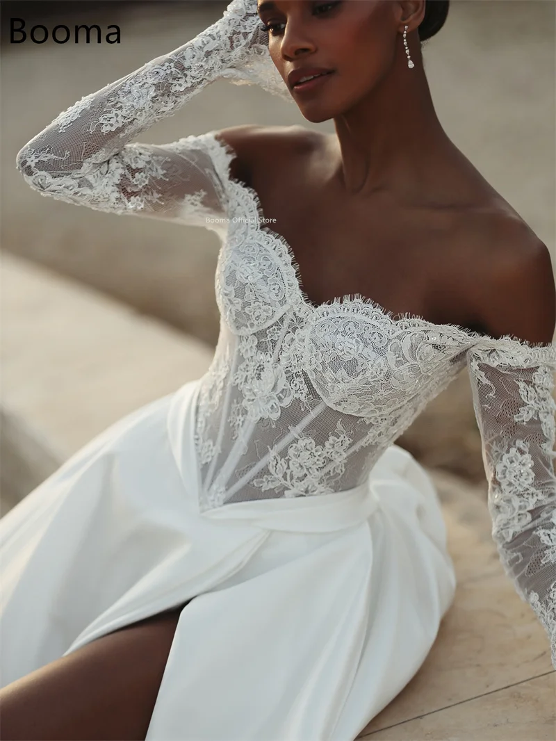 

Booma A-Line Off The Shoulder Side Split Elegant Lace Long Wedding Dresses Lace Appliques Brides Gown Custom Made 2025