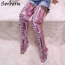 Sorbern Stivali alti alla coscia personalizzati da donna Balletto con tacco alto Tacchi a spillo Rosa metallizzato Bdsm Fetish Stivale lungo Taglia unisex 36-46