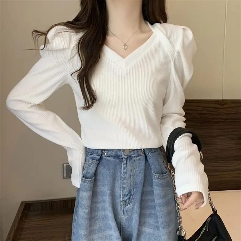 V Neck Pleated Korean T Shirt Tops Spring Autumn New Long Sleeve Solid All-match Fashion Pullovers Casual Sweet Women Clothing