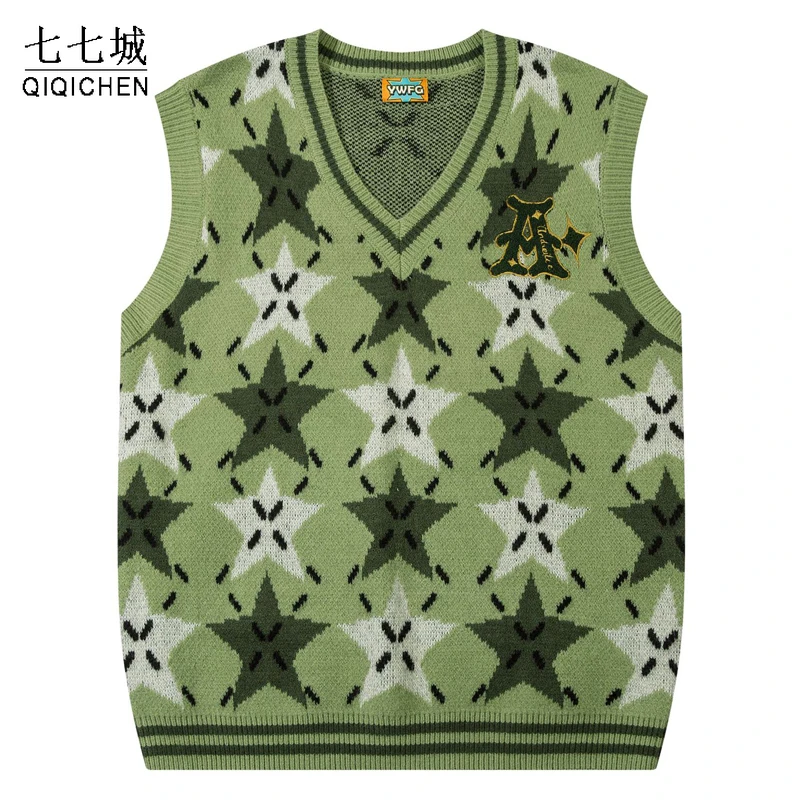 Harajuku Knitted Vest Sweaters Men Women Star Printed Casual Sleeveless Sweater Japanese College Style Loose Jumper Autumn Tops