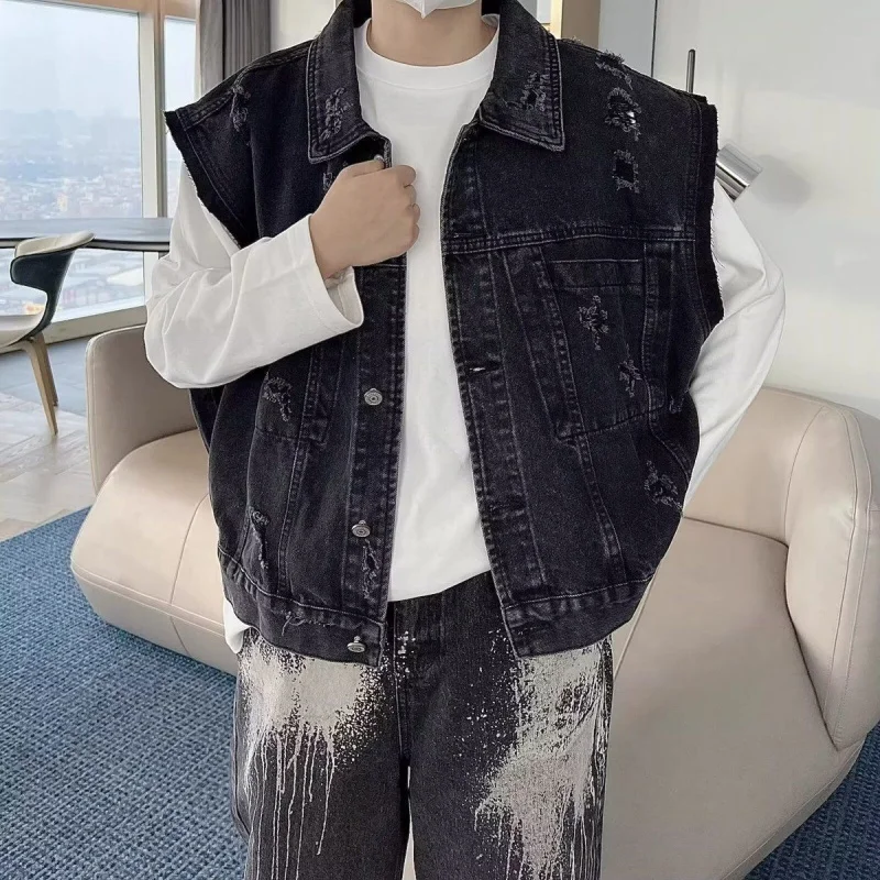 خمر غسلها الأمريكية شارع العليا المتعثرة سترة قصيرة الرجال الربيع الصيف العصرية أكمام صدرية أعلى #2