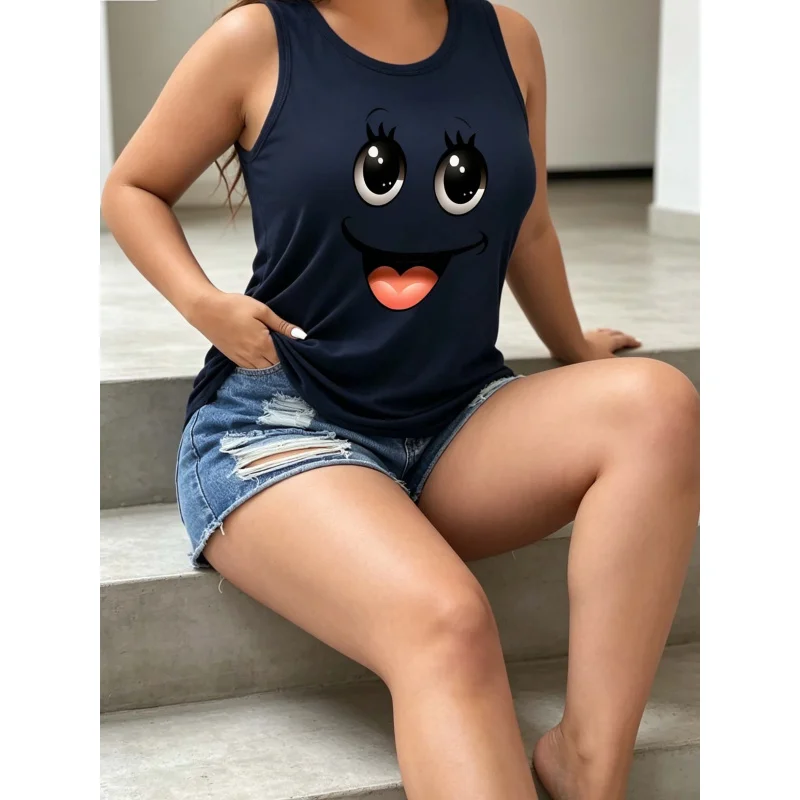 

Happy face printed large-sized fashionable round-neck pullover for summer, women's sports sleeveless pullover