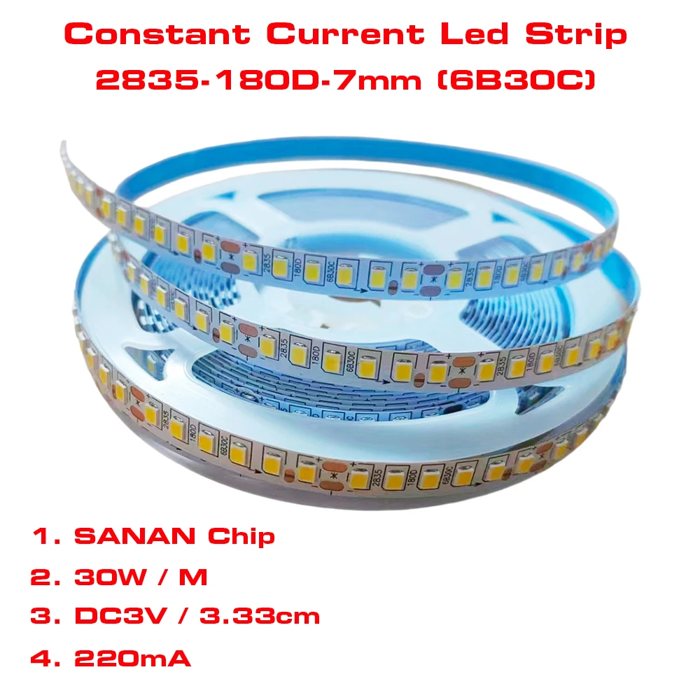 5M/10M/100M 2835-7mm-180D(6B30C) SANAN Chip Highlight LED Fexible Constant Current Light Strip With One Color 180leds and 30W/M