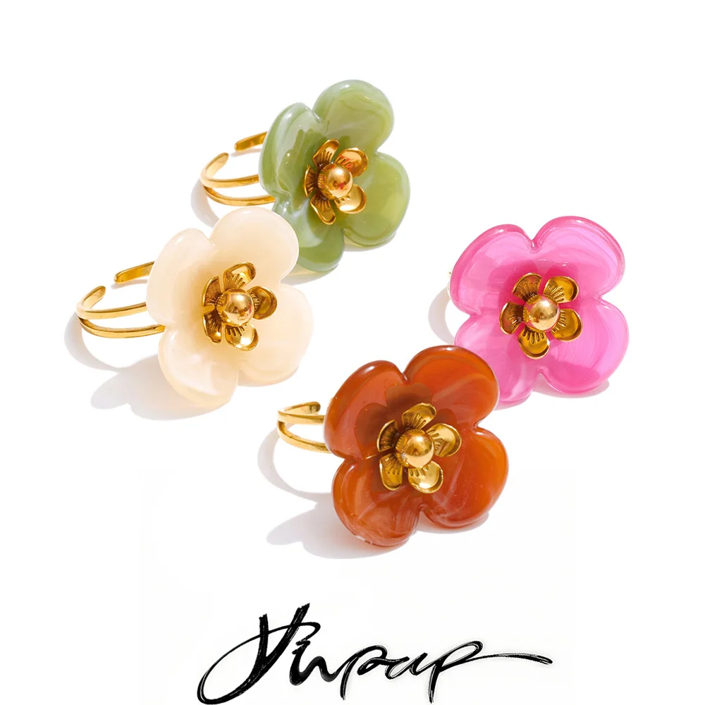 Yhpup New Y2K Stainless Steel Resin Flower Adjustable Ring 18K PVD Golden Plated Young Fashion Finger Jewelry Women Wholesale