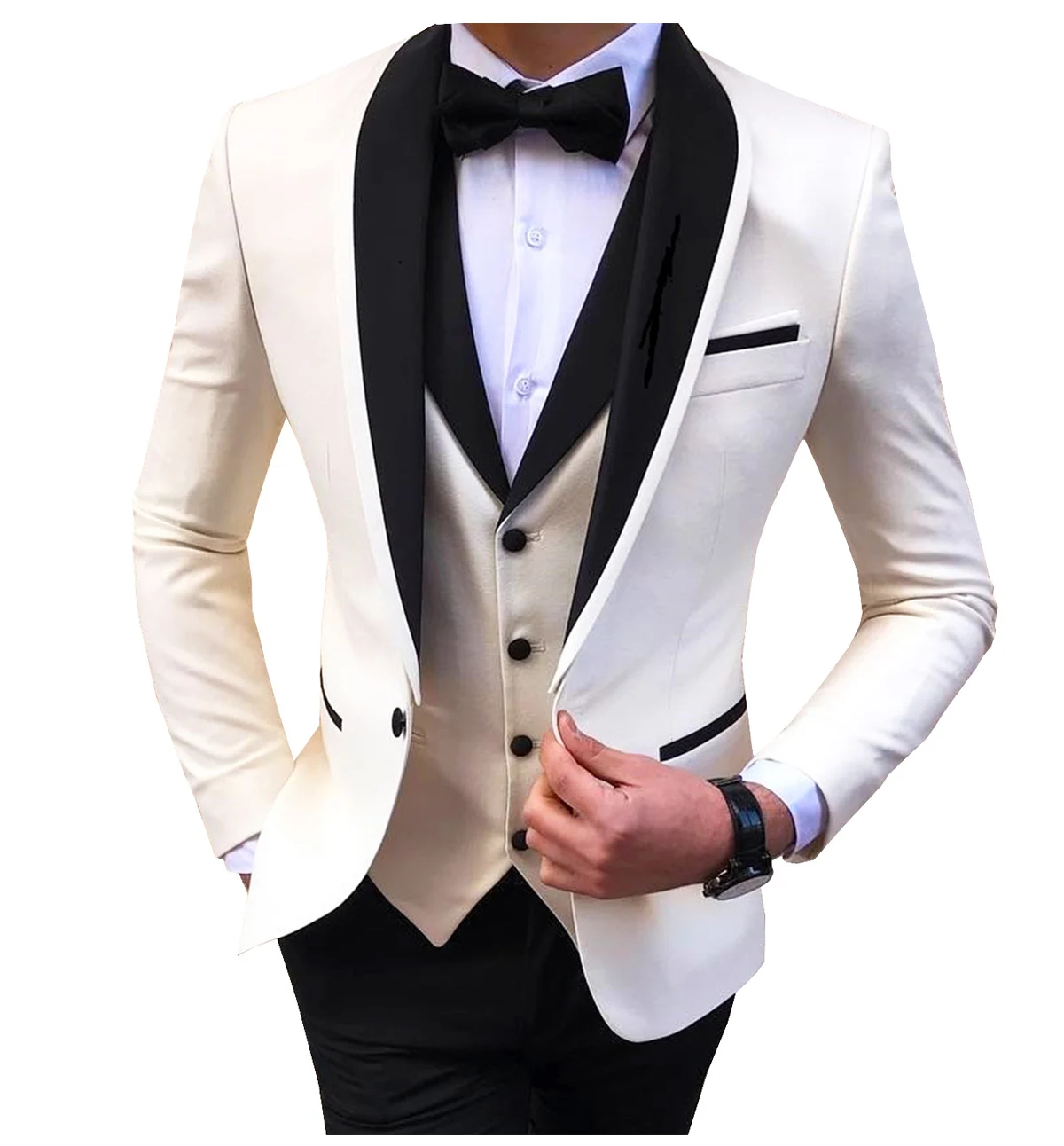 

White Slit Mens Suits 3 Piece Black Shawl Lapel Casual Groom Tuxedos For Wedding Groomsmen Suits Men 2023 (Blazer+Vest+Pant)