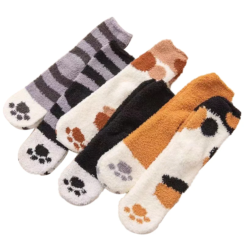 1/6 Pairs Frauen Herbst Winter Dicke Warme Katze Pfote Muster Mitte Rohr Socken Bequeme Schweiß Absorbieren Korallen Fleece Casual Socken – Detail 13