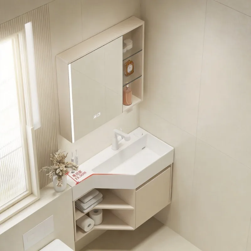 Bathroom cabinet combination cream wind ceramic integrated basin, small apartment very narrow wash basin