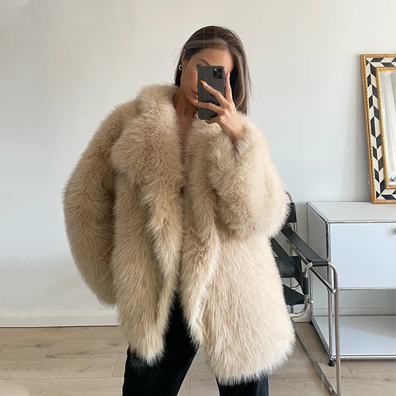 Autumn and Winter New Lapel Fur Coat Ladies Artificial Wool Jacket Loose Solid Color Long Coat Women's Clothing