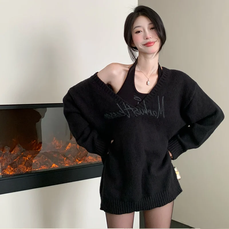 

Женский утепленный вязаный свитер оверсайз с капюшоном, скрывающий недостатки фигуры, в корейском стиле, осенне-зимний, свободного кроя