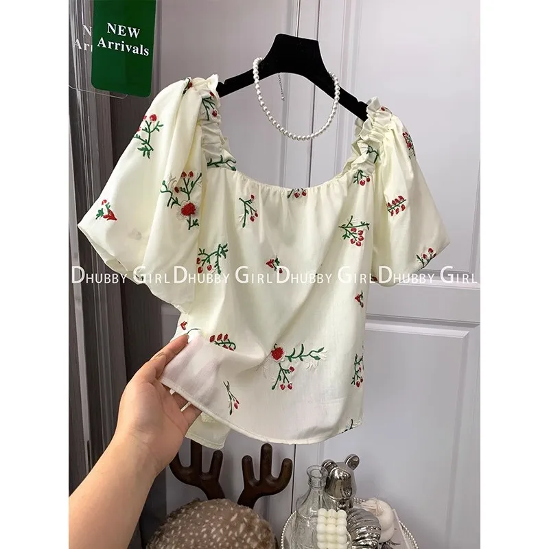 Square Collar Puffy Sleeve Party T-Shirts Girls Tshirts Short Comfortable Fashion Korean Chic Vintage Printed Tops For Women