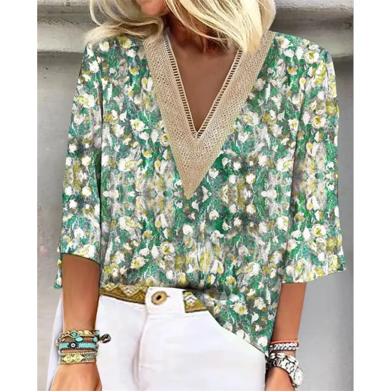 

2023 Summer Elegant Women Printed Blouse V-Neck Flowers Lace Half Sleeve Fashion Shirt Casual Tops Vintage Loose Blusas 26133