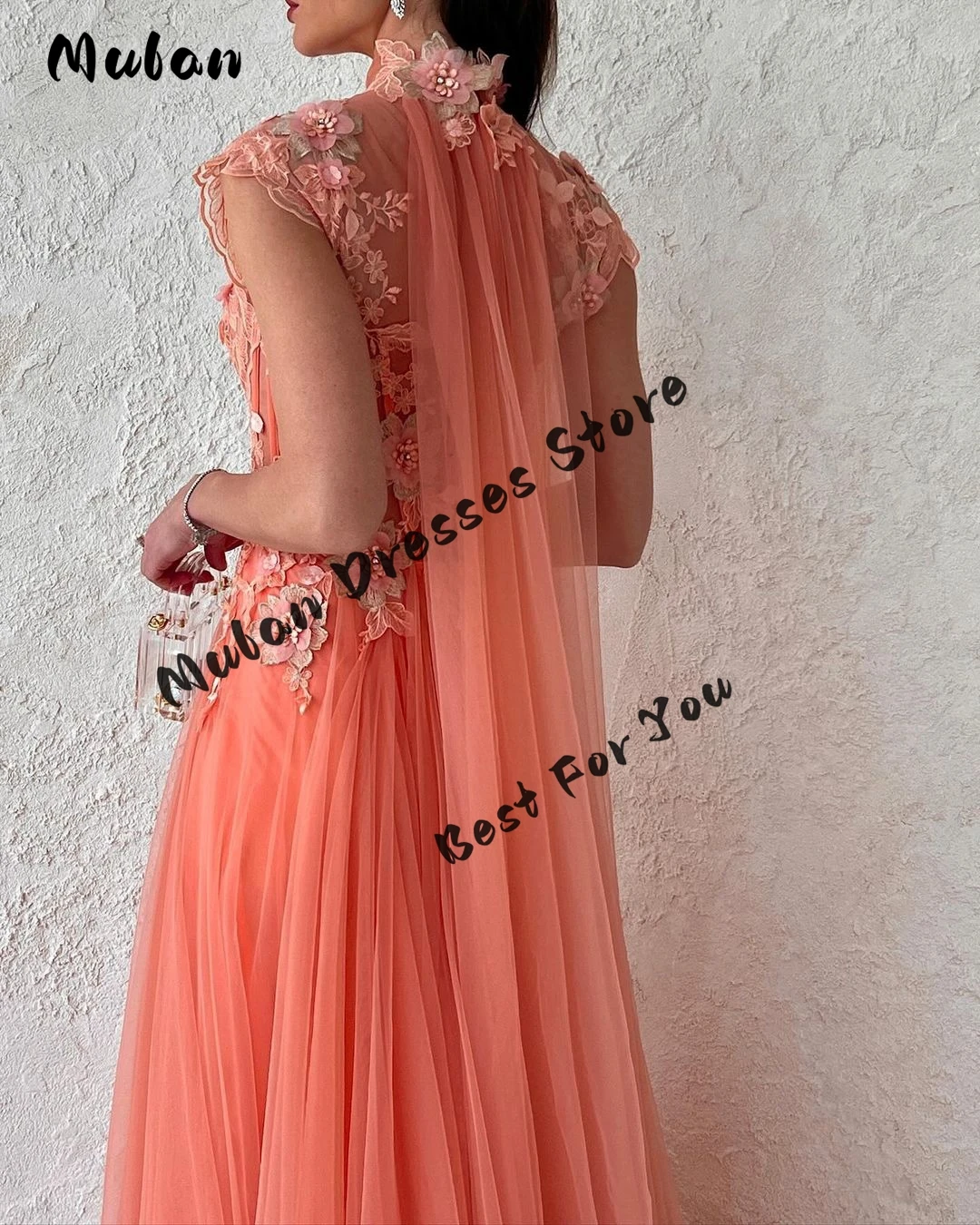 تخصيص الرقبة العالية يزين زهرة تول فساتين لحضور الحفلات الموسيقية بلا أكمام ألف خط ثوب حفلة طول الأرض ثوب مسائي رسمي 2025 #2