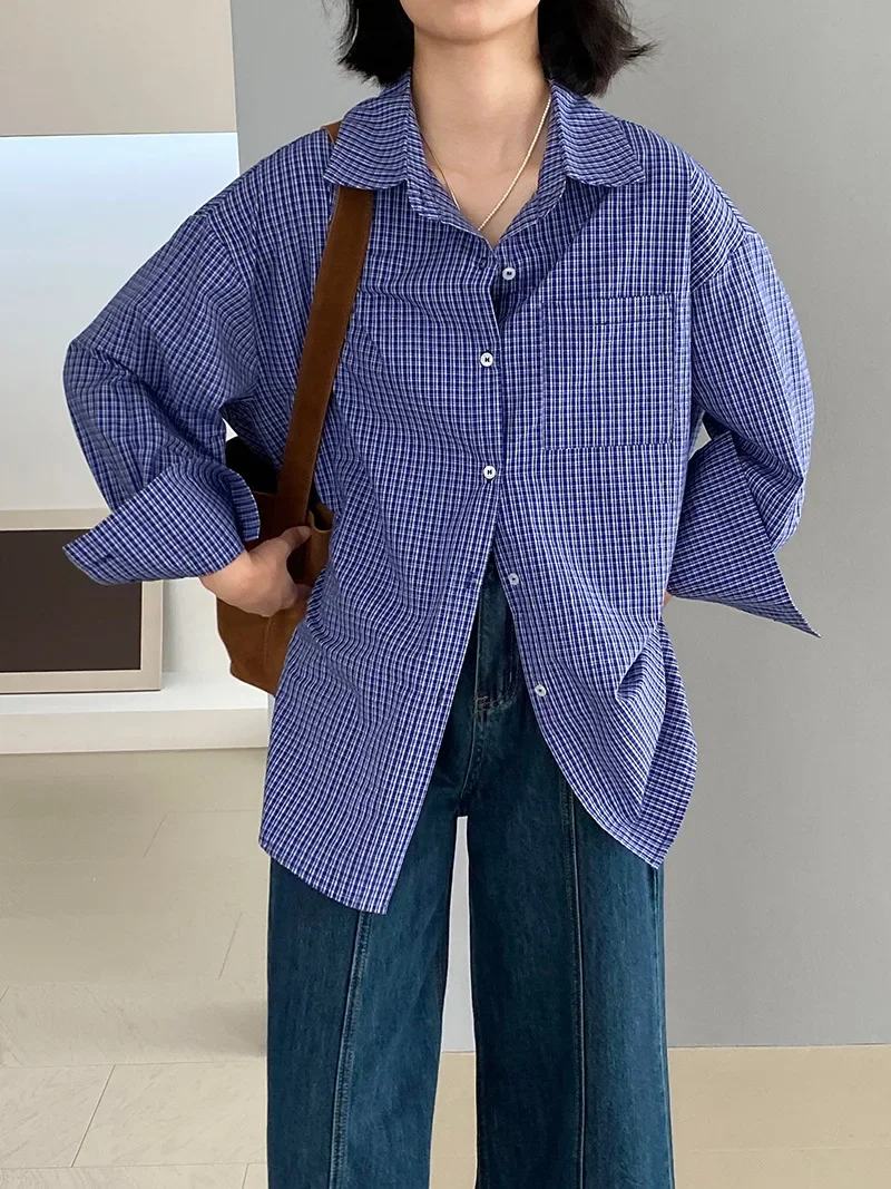 Early Autumn Vintage Blue Checkered Shirt for Women, Loose and Lazy Long Sleeved Top