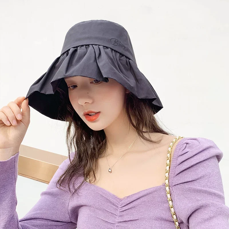 

Women's Summer Beach Outdoor Foldable Wide Brim Solid Cotton Fisherman Panama Sun Hats for Sunscreen