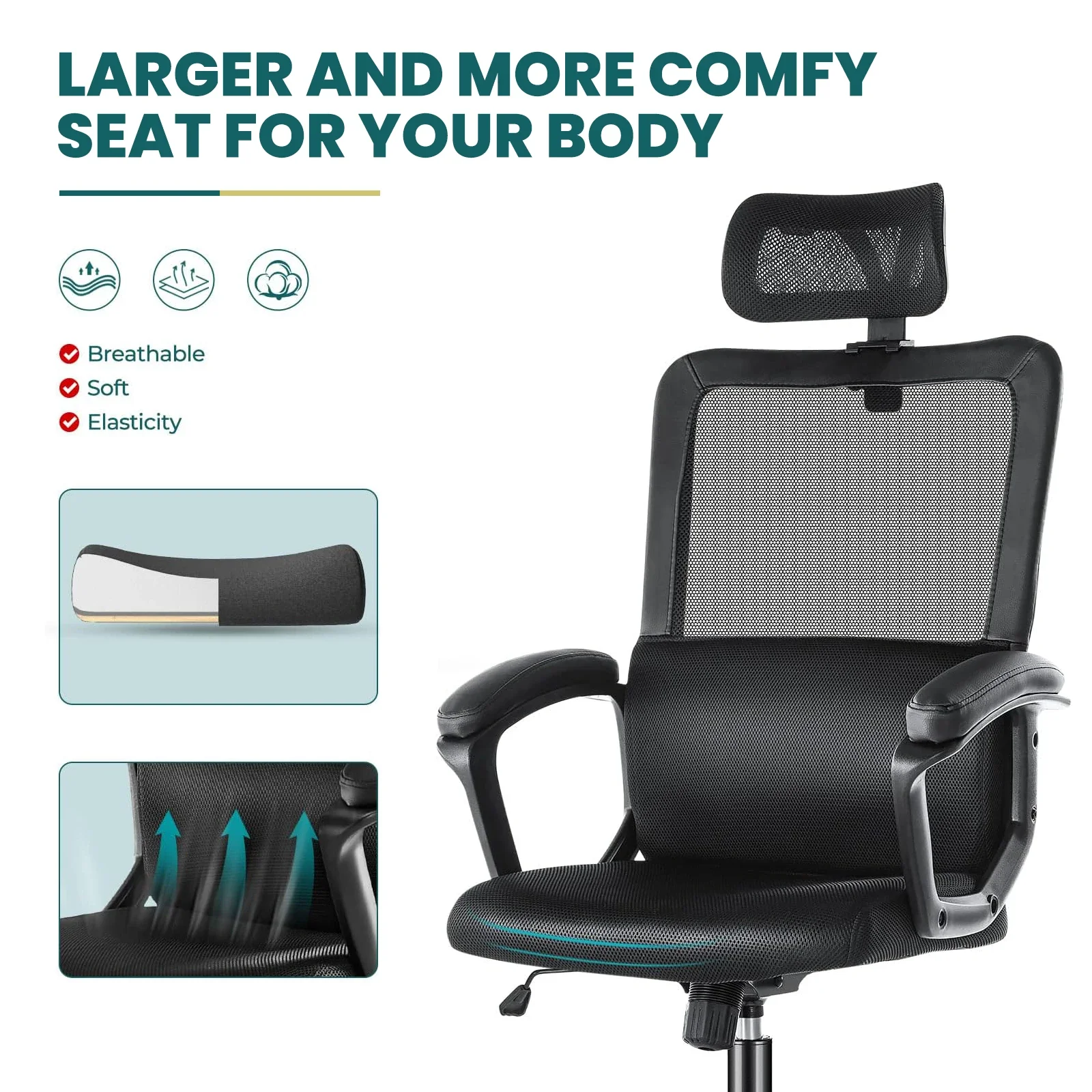 Ergonomic Office Desk Chairs Adjustable Height Headrest Computer Gaming Chair Black Lumbar Support Comfy Seat Armchair