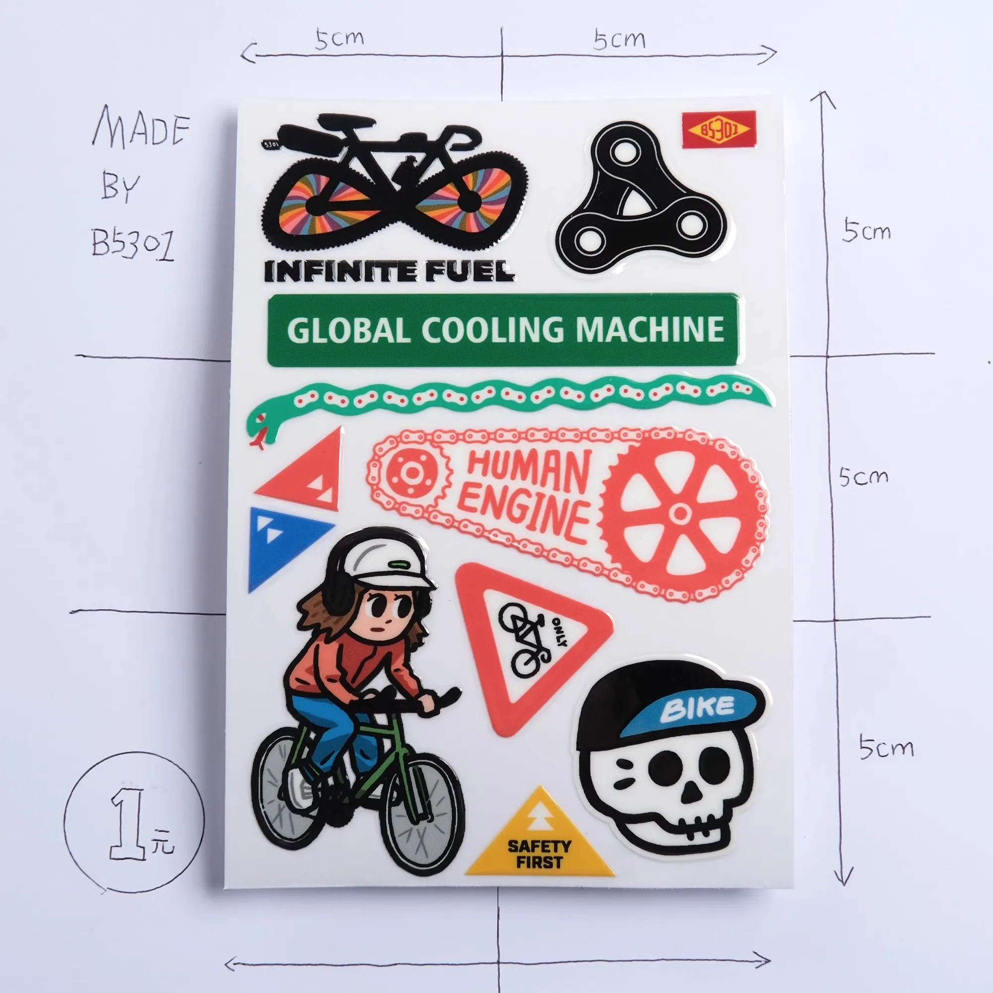 1SET Cycling Theme Vinyl Stickers Cartoon Bike Chain Skeleton Waterproof Anti Scratch Decals for Bicycle Helmet Car Decor