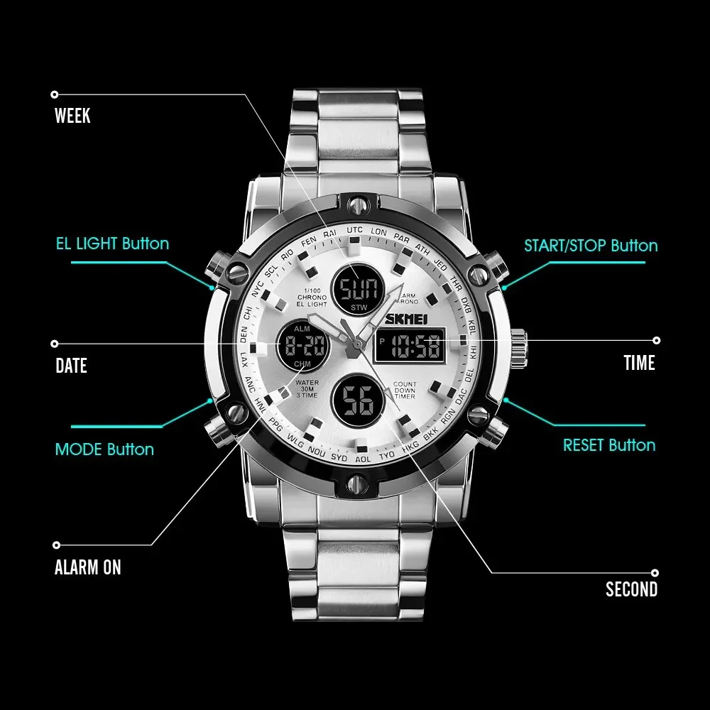 Skmei 1389 3 Time Back Light Display Digital Watches Mens Full Steel Strap Quartz Wristwatch Countdown Clock Relogio Masculino view 2