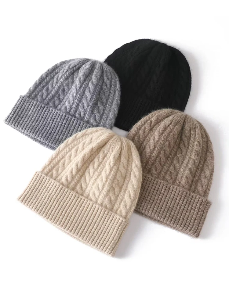 35% Cashmere Blend Thick Vintage Cable berretti donna Solid Ribbed Hem Soft Knitted Cap Hat lana autunno inverno Warm Skull Caps