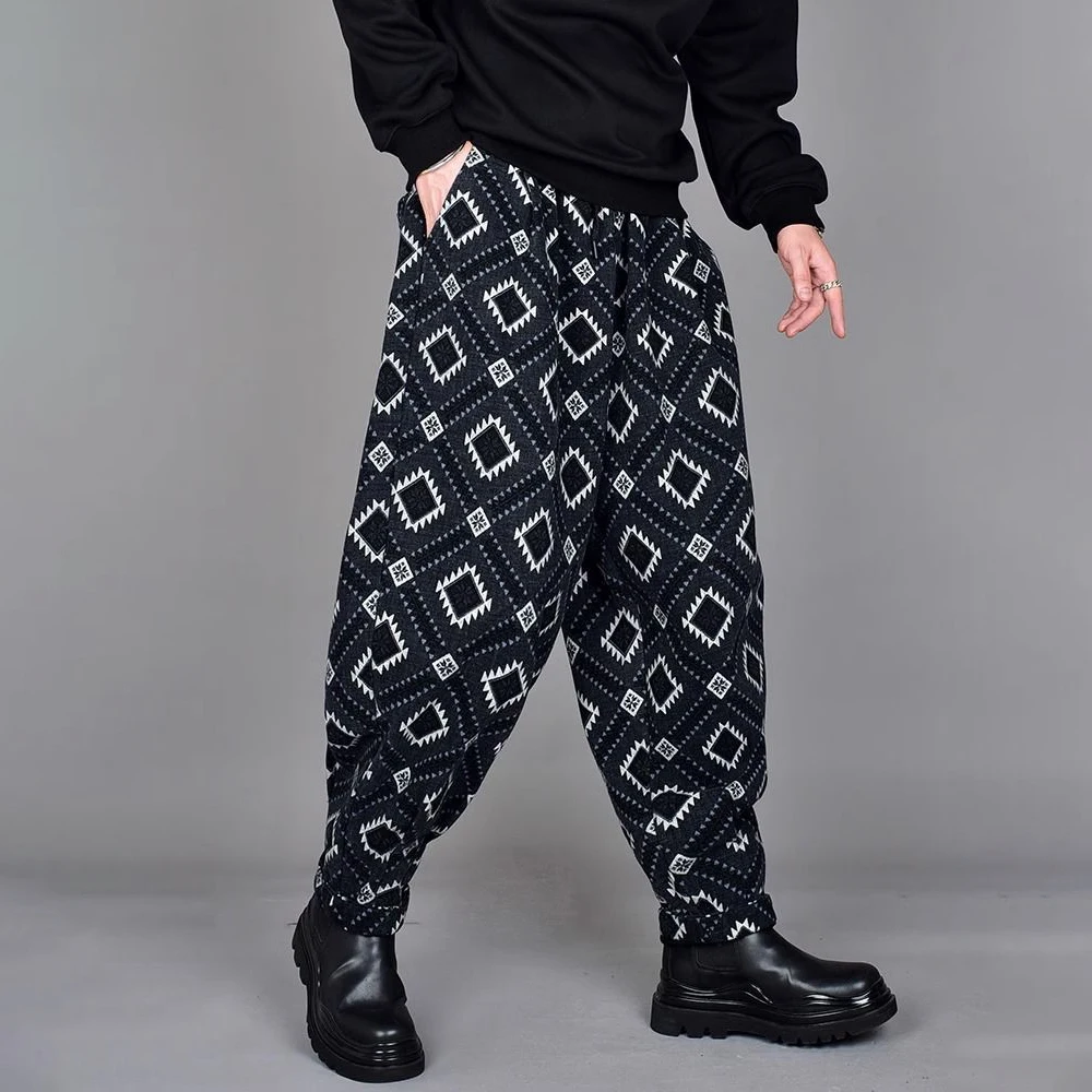 Men's Casual Harem Pants Diamond Pattern Fashion Retro Korean Style Street Trend Personality Versatile Comfortable Men's Pants