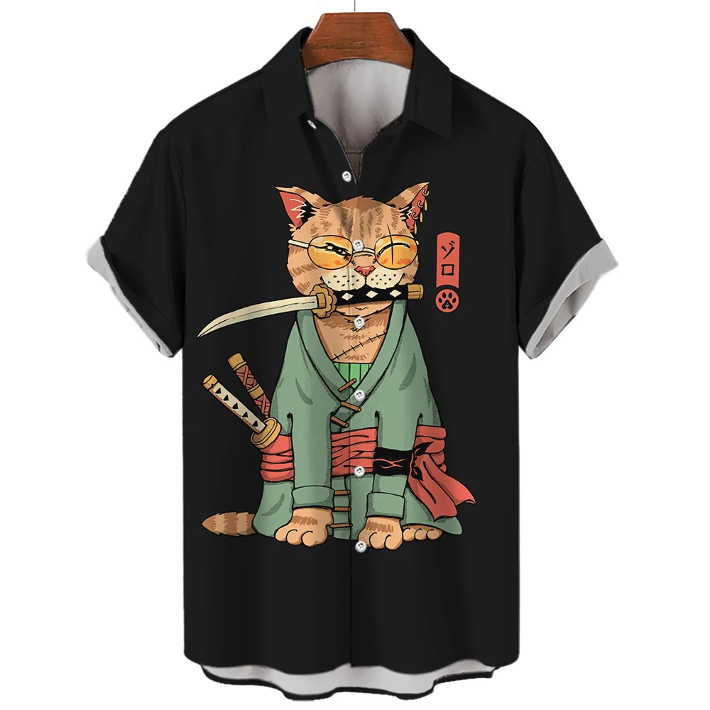 Summer New Men's street personality retro fashion 3D cartoon warrior Cat print Top Harajuku oversized casual men's short sleeve