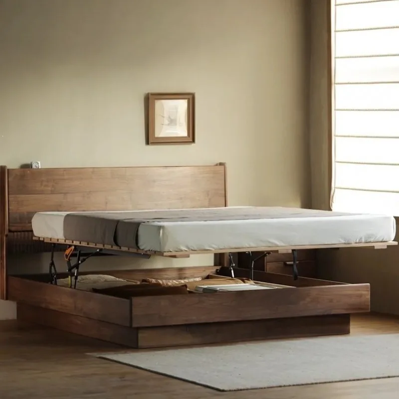 North American black walnut solid wood suspended box bed, modern simple cherry wood log bedroom storage air pressure bed