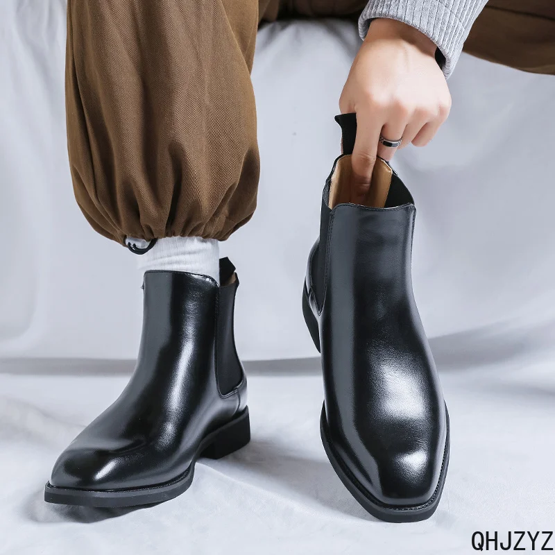 2026 Autumn Coffee Genuine Leather Pointed Toe Black High Top Bullock Oxford Dress Shoes Winter Men Ankle Business Boots