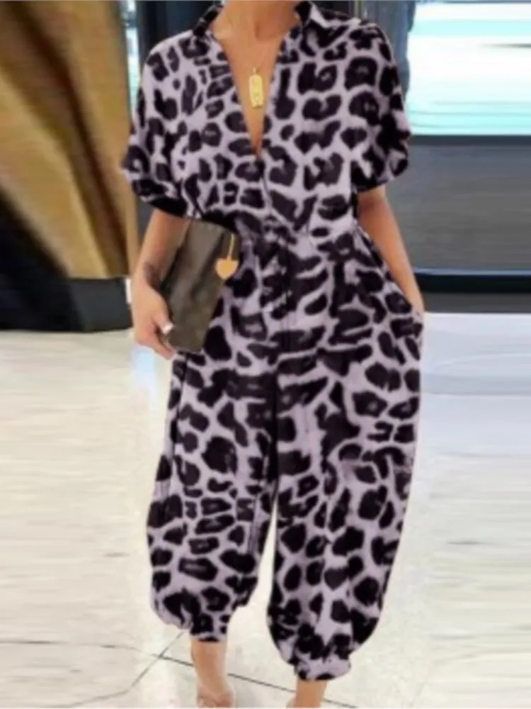 Mono con estampado de leopardo para mujer, monos informales de manga corta con bolsillos, moda Vintage, novedad de verano 2024