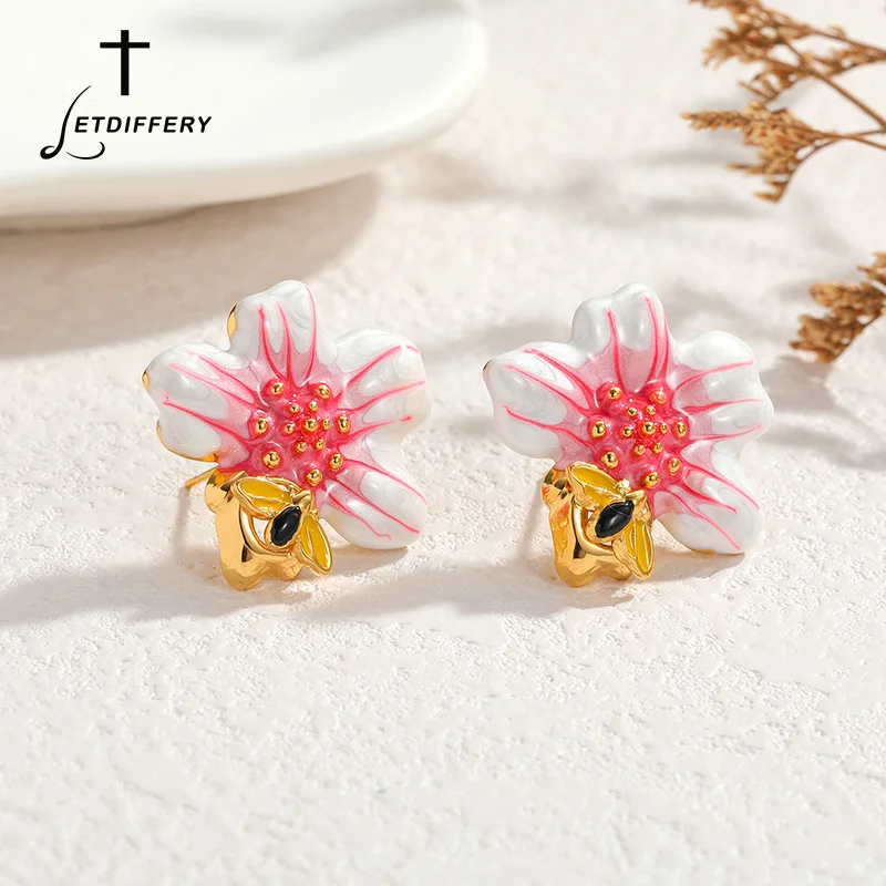 Letdiffery Fashion Flower Bee Stud Earrings for Women Stainless Steel Cute Oil Drip Pink Floral Insect Earring Jewelry Gifts