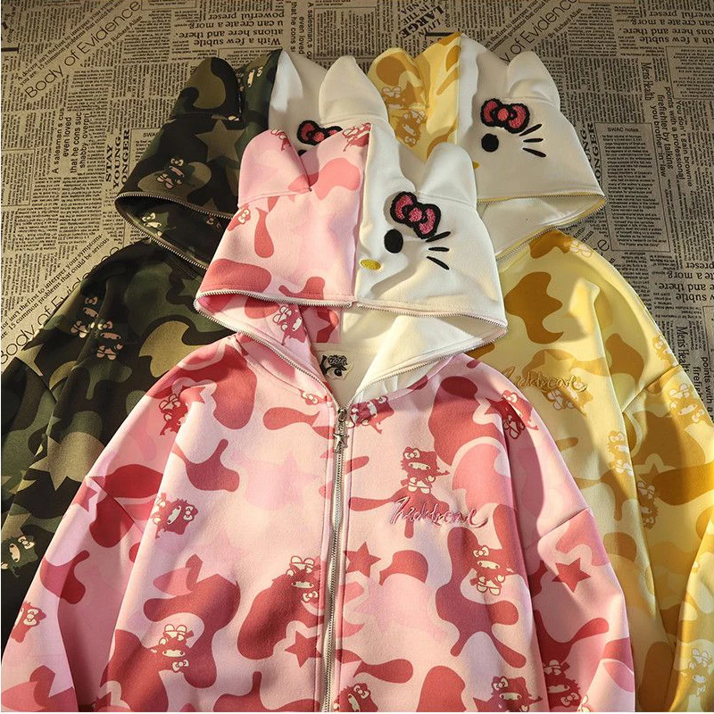 Cute Hello Kitty MINISO Y2K Couple Outfit Cardigan Cotton Hooded Sweater Autumn Camouflage Coat Men Women Trend Christmas Gift