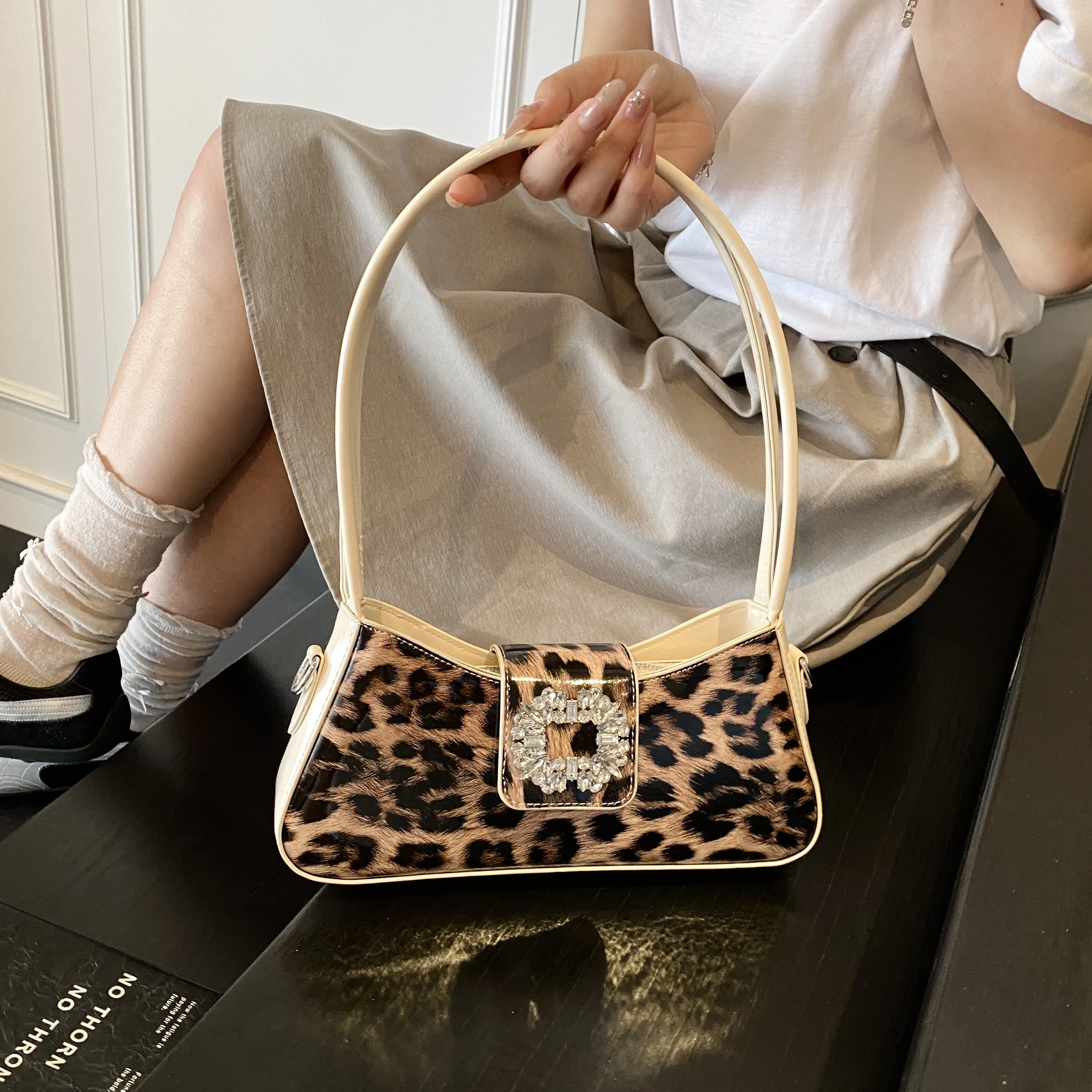 

French Style Armpit Shopper Purse Luxury Diamond Buckle Design Underarm Shoulder Bag Women Vintage Leopard Pu Leather Handbags