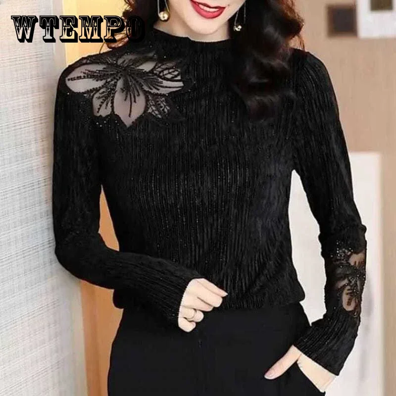 

WTEMPO Velvet Half-high Neck Bottoming Shirt Female Fall and Winter Mesh Long-sleeved T-shirt Slim Pullover Jumper