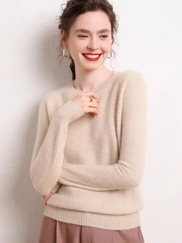 

Женский кашемировый свитер с круглым вырезом из 100% чистого кашемира осенью и зимой. Кашемировый вязаный свитер-рубашка.