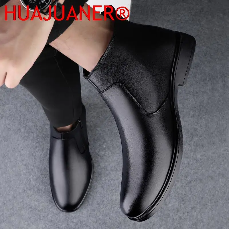 Mens Chelsea Boot Fashion Winter Shoes Slip on Side Zipper Office Boots for Men Genuine Leather Warm Luxe Handmade Ankle Boots