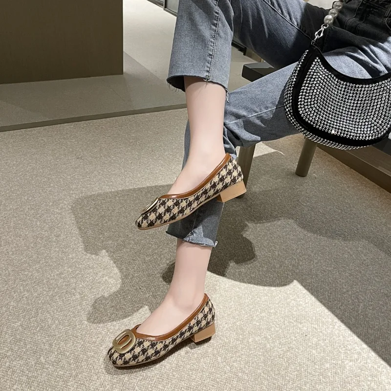 2024 Houndstooth Retro Women's Shoes Ladies Classic Thick Heel Metal Decoration Lady Pumps Simple Square Toe Shallow Mouth