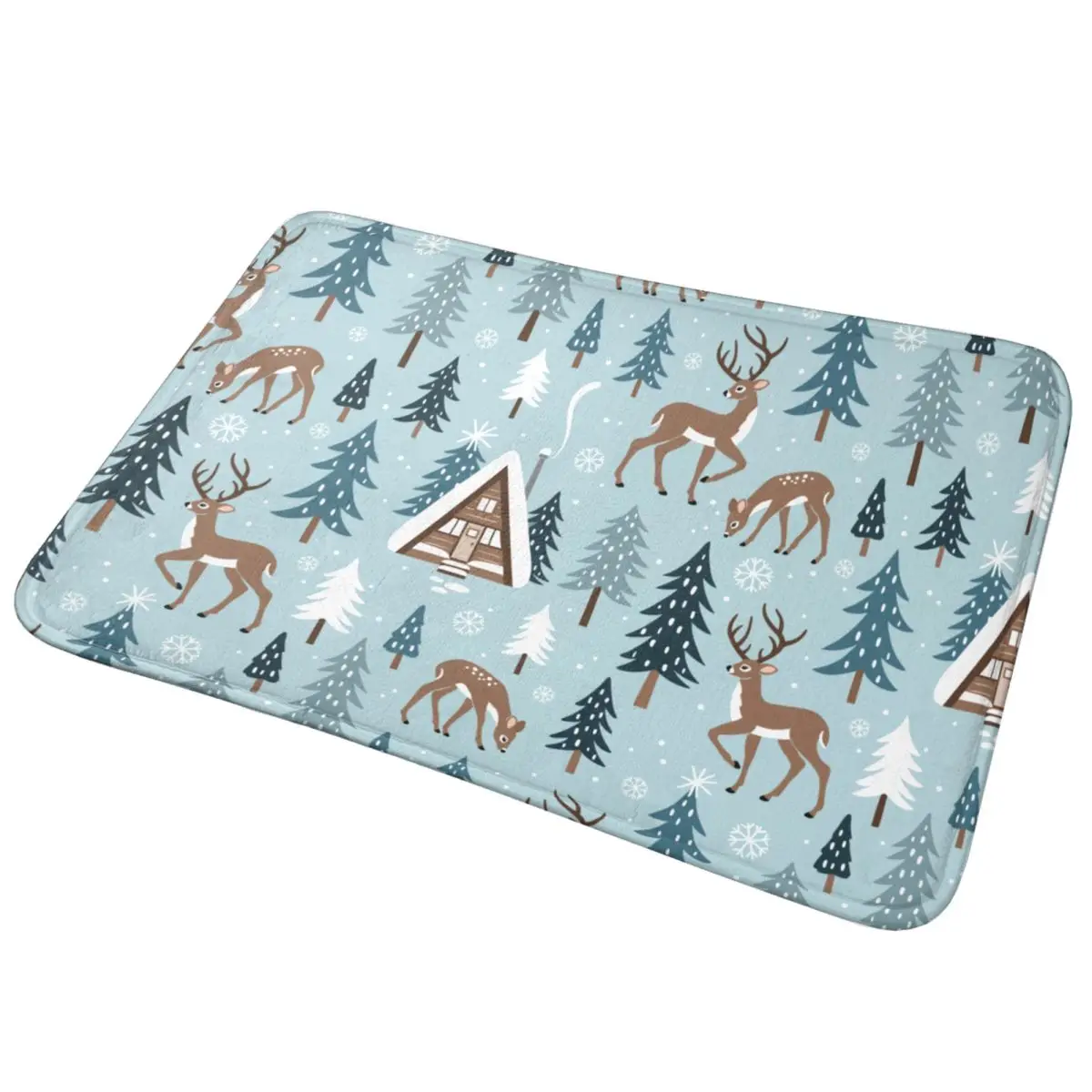 Cute Winter Deer Bathroom Rug 60x40 Absorbent Doormat Snowy Woodland Cabin Pine Trees Bath Mat Non-Slip for Bathroom Floor