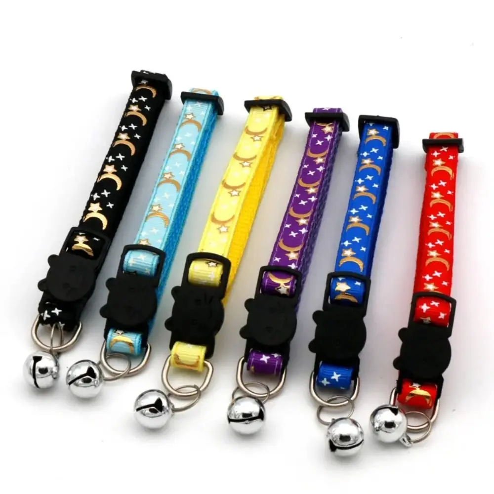 Adjustable Cat Kitten Collar With Bell Cartoon Star Moon Pet Collar Safety Buckle Reflective Puppy Necklace for 4Pcs/Set