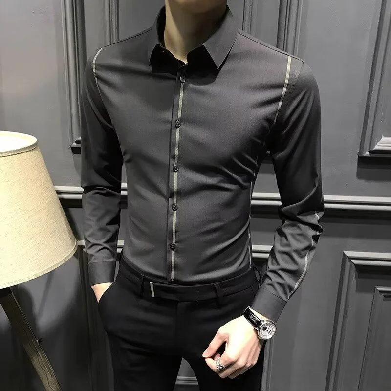 High End Fashion Simple Versatile Spring New Long Sleeve Shirt Men Lapel Collar Button Patchwork Striped Temperament Casual Top