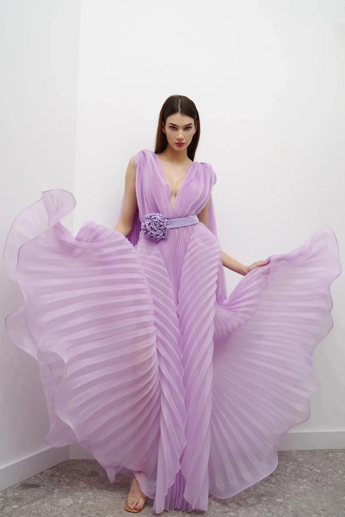 High Couture Women Formal Party Dresses Pleated A-line Long Maxi Gowns Cloak Behind Elegant Folds Floral Prom Gowns Lavender