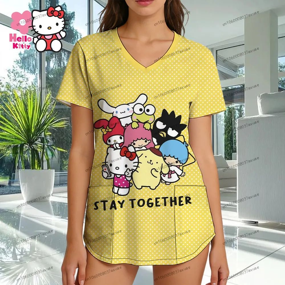

2026 New Fashion Hello Kitty Kawaii Women's Nurse Uniform T-shirt V Neck S-2XL Sanrio Lovely Trend Leisure 3D Print High Quality